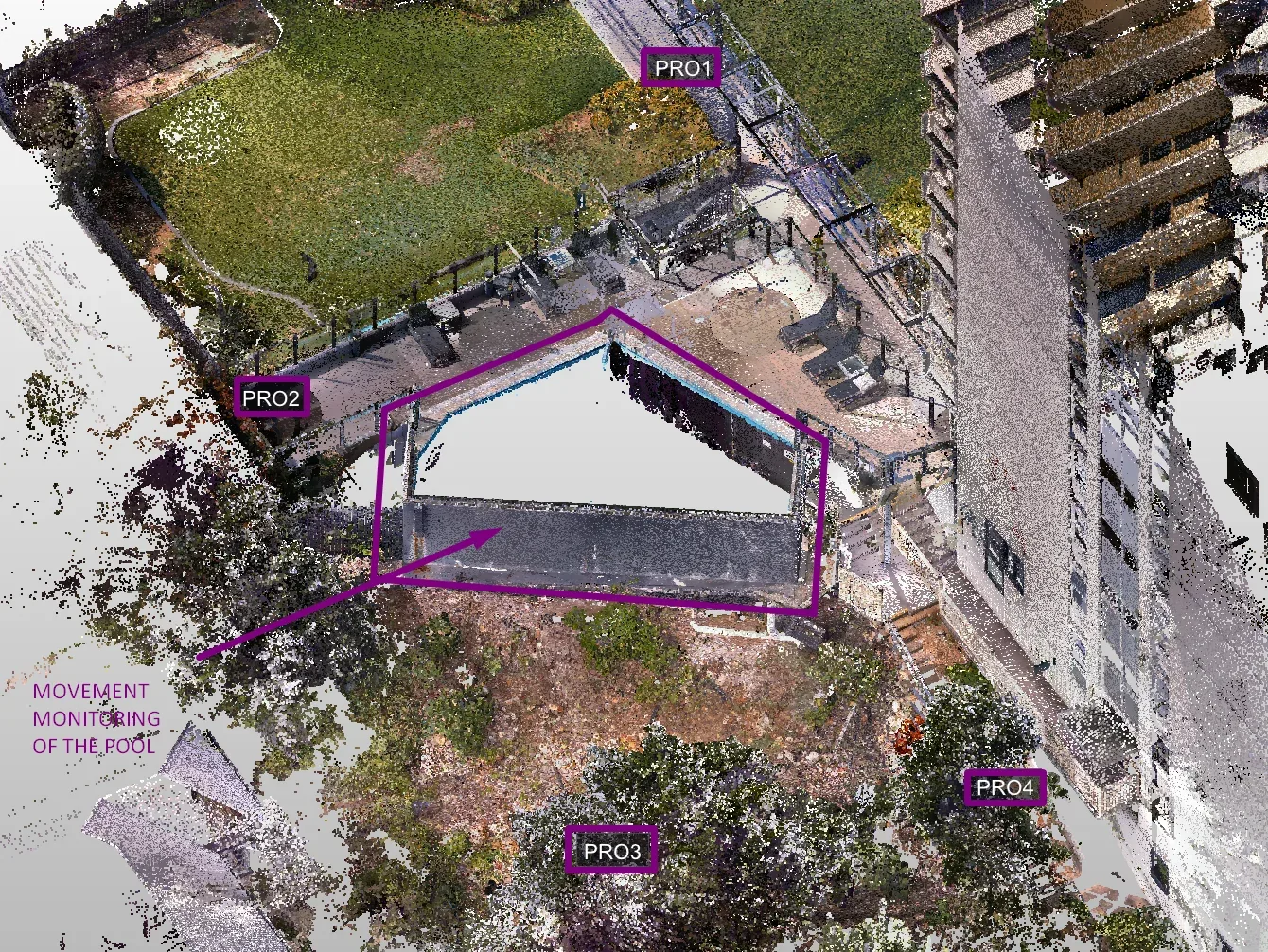 Point cloud: control marks around the pool, four of the five in view