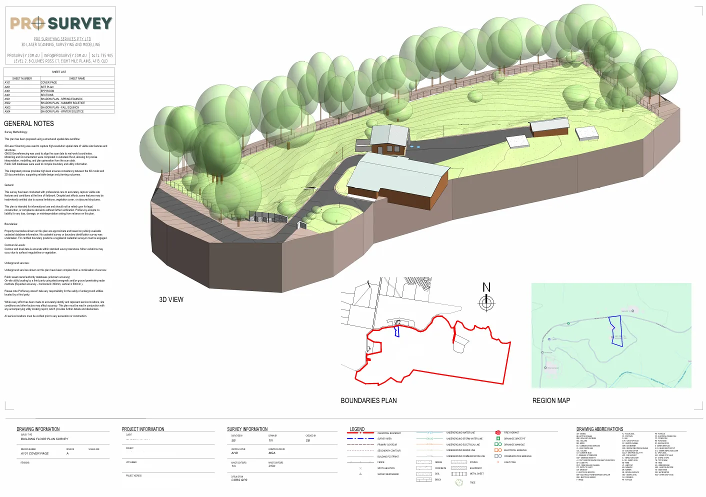 Sloping rural site: 3D view and boundaries plan