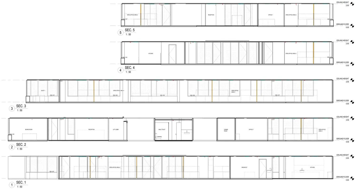Drawing: sections through the office floor