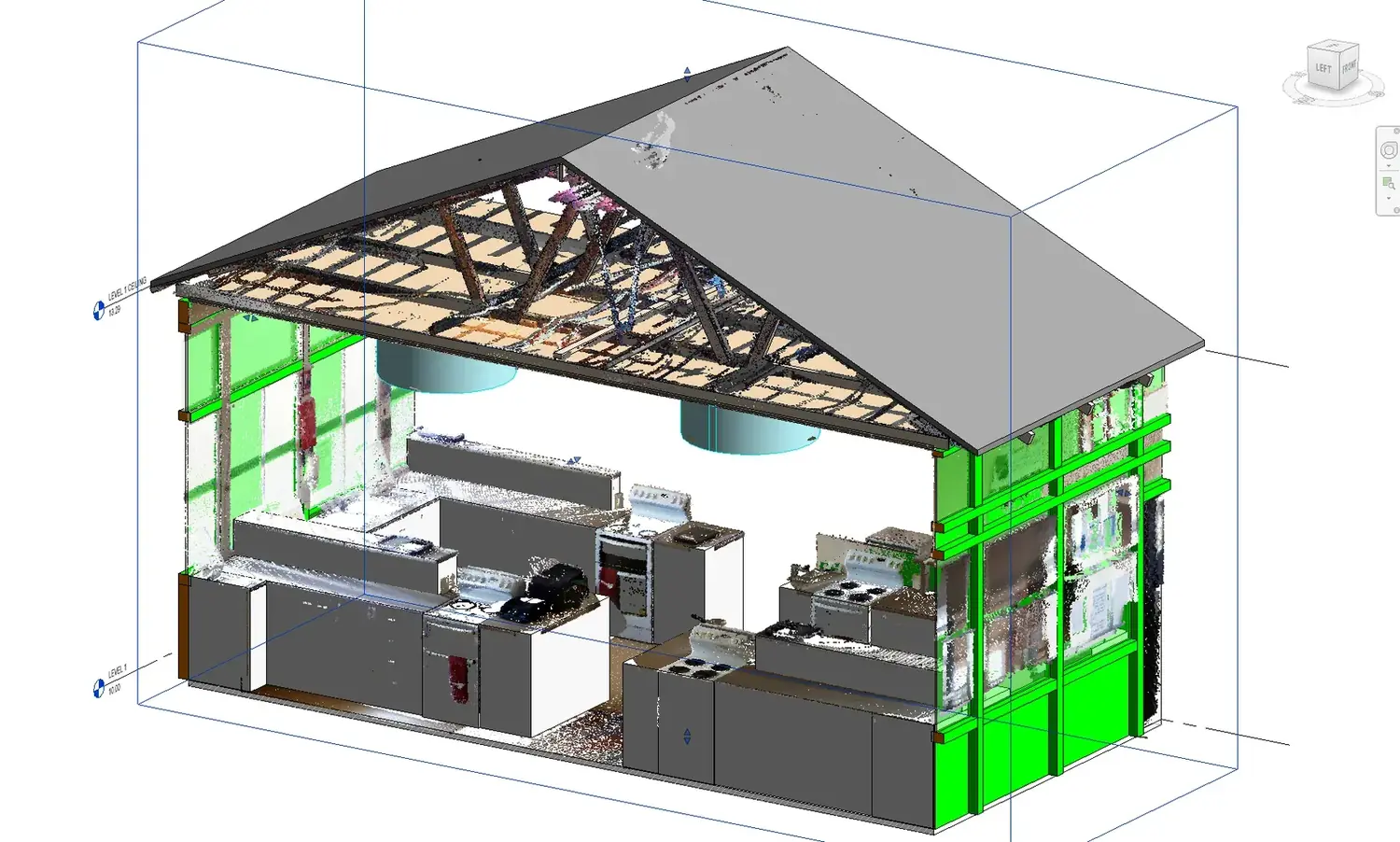 Point cloud and Revit model of the kitchen ceiling and roof trusses