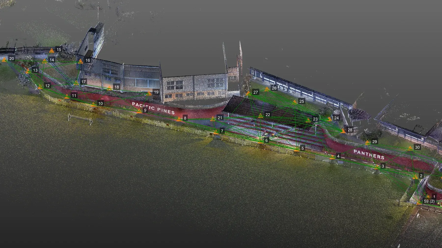 Retaining wall and grounds, with scan stations