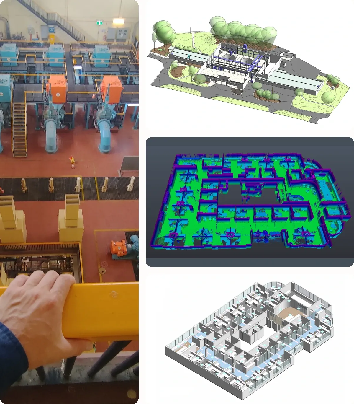Surveying collage: industrial pumps on site, a water treatment plant model, a building point cloud and a BIM model